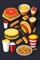 schnell Essen Symbol Satz. Hamburger, Cheeseburger, Hotdog, Französisch Fritten, Hamburger, Pizza, Zwiebel Ringe, Tomate, Zwiebel Ringe, Zwiebel Ringe. realistisch Vektor Illustration foto