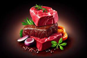 generativ ai Illustration von Vielfalt von roh Rindfleisch Fleisch Steaks zum Grillen mit Würze und Utensilien, sortiert roh Rindfleisch Fleisch, frisch roh Rindfleisch Steaks auf hölzern Tafel foto