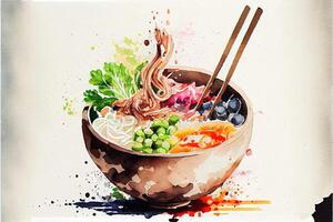 generativ ai Illustration von Knolling japanisch Küche Essen, Aquarell Farbe Stil, einstellen von asiatisch Essen foto