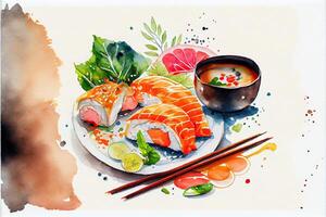 generativ ai Illustration von Knolling japanisch Küche Essen, Aquarell Farbe Stil, einstellen von asiatisch Essen foto