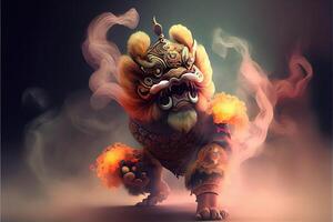 generativ ai Illustration von anthropomorph traditionell Chinesisch Löwe tanzen, groß runden Augen, rundlich Körper, Chinesisch Frühling Festival, leuchtend Partikel, Rauch foto