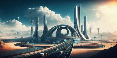 generativ ai Illustration von Fantasie futuristisch Stadt mit Autobahnen und Wolkenkratzer, Cyber Stadt foto