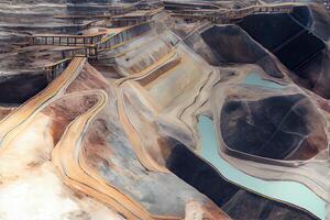 generativ ai Illustration von ein Antenne Panorama von ein Anthrazit Kohle Mine, präsentieren ein groß Gelb Bergbau LKW Sammeln Felsen im ein öffnen Grube Bergwerk foto