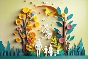 generativ ai Illustration von Origami Frühling Hintergrund, froh Alten, glücklich Familie mit Elternteil, bunt. Papier Schnitt Handwerk, 3d Papier Illustration Stil, Pop Farbe. neural Netzwerk generiert Kunst. foto