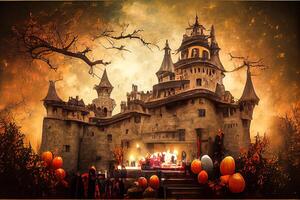 generativ ai Illustration von bunt Halloween Innen- Party, Kinder spielen auf Nacht Halloween Straße, gruselig Schloss, amerikanisch Gegend Hintergrund. digital generiert Bild. foto