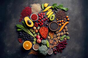 generativ ai Illustration von gesund Essen sauber Essen Auswahl auf grau Beton Hintergrund foto
