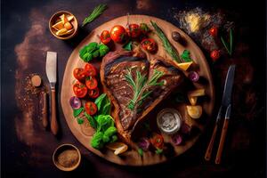 generativ ai Illustration von frisch gegrillt Tomahawk Steaks auf hölzern Schneiden Planke, hervorragend köstlich Tomahawk Steak, Grill foto