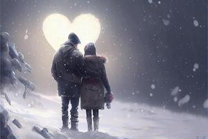 generativ ai Illustration von ein Schneesturm von Liebe. Paar küssen im Schnee. groß Herz. Liebe und Valentinstag Tag Konzept. neural Netzwerk generiert Kunst. digital generiert Bild. foto