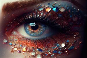 generativ ai Illustration von schön weiblich Augen mit Karneval Glas prickelnd Lidschatten. schließen Fokus. foto