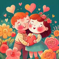 generativ ai Illustration von ein bezaubernd und liebenswert Karikatur Charakter zum Valentinstag Tag, Liebe, Herzen, Blumen, Romantik, Glücklich, heiter, froh, Spaß, spielerisch, unbeschwert, Süss foto