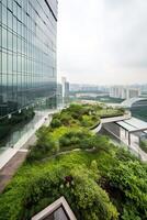 generativ ai Illustration von Herrlich Garten auf das Dach von ein zeitgenössisch Glas Büro Gebäude im Asien foto