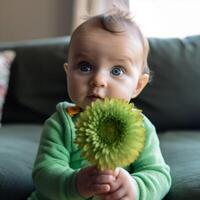 ein Baby Puppe auf Bett und auf hölzern Tabelle ai generativ foto