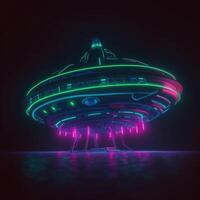 ein mysteriös Aliens Raumschiff im Neon- Farben ai generativ foto