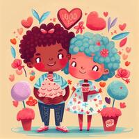 generativ ai Illustration von ein bezaubernd und liebenswert Karikatur Charakter zum Valentinstag Tag, Liebe, Herzen, Blumen, Romantik, Glücklich, heiter, froh, Spaß, spielerisch, unbeschwert, Süss foto