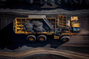 generativ ai Illustration von ein Antenne Panorama von ein Anthrazit Kohle Mine, präsentieren ein groß Gelb Bergbau LKW Sammeln Felsen im ein öffnen Grube Bergwerk foto