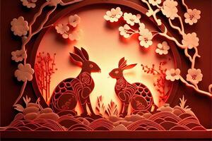 generativ ai Illustration von Papier Schnitt Handwerk, quilling multi dimensional Chinesisch Stil, süß Tierkreis Hase Hase mit Laternen im Hintergrund, Chinesisch Neu Jahr. 3d Papier Illustration Stil. foto