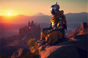 generativ ai Illustration von ein fortgeschritten Mönch Roboter Cyborg tun Yoga auf das Berg, Zen Beleuchtung foto