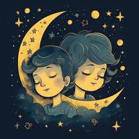 Baby Schlafen unter Blau Himmel, hell Mond und Sterne, Karikatur mit generativ ai foto