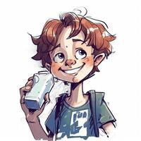 jung Junge Trinken Milch, Karikatur Illustration mit generativ ai foto