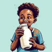 jung Junge Trinken Milch, Karikatur Illustration mit generativ ai foto
