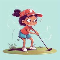 Mädchen Golfspieler spielen ein Grün Hintergrund, Karikatur Illustration mit generativ ai foto