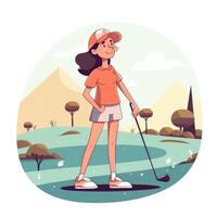 Mädchen Golfspieler spielen ein Grün Hintergrund, Karikatur Illustration mit generativ ai foto