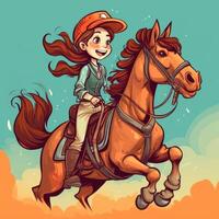 ein Mädchen Reiten auf ein Pferd, Karikatur Illustration mit generativ ai foto