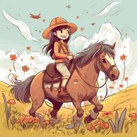 ein Mädchen Reiten auf ein Pferd, Karikatur Illustration mit generativ ai foto