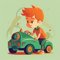 Junge spielen mit Spielzeug Auto, Karikatur Illustration mit generativ ai foto