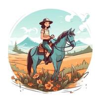 ein Mädchen Reiten auf ein Pferd, Karikatur Illustration mit generativ ai foto