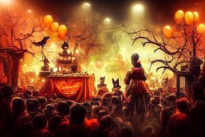 generativ ai Illustration von bunt Halloween Innen- Party, Kinder spielen auf Nacht Halloween Straße, gruselig Schloss, amerikanisch Gegend Hintergrund. digital generiert Bild. foto