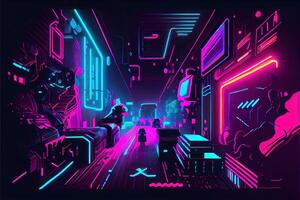 generativ ai Illustration von Spielen Hintergrund, abstrakt Cyberpunk Stil von Spieler Hintergrund, Neon- glühen Licht von scifi fluoreszierend Stöcke. digital generiert Bild foto