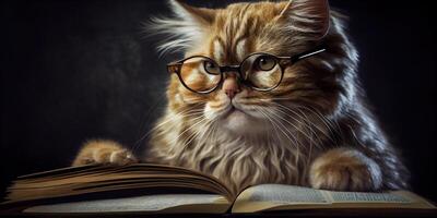 generativ ai Illustration von intelligent ernst Katze im Brille lesen ein Buch, volumn Licht foto