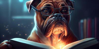 generativ ai Illustration von intelligent ernst Hund im Brille lesen ein Buch, volumn Licht foto