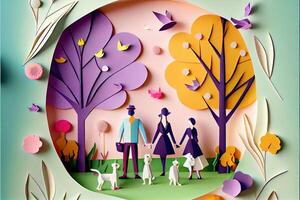 generativ ai Illustration von Origami Frühling Hintergrund, froh Alten, glücklich Familie mit Elternteil, bunt. Papier Schnitt Handwerk, 3d Papier Illustration Stil, Pop Farbe. neural Netzwerk generiert Kunst. foto