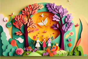 generativ ai Illustration von Origami Frühling Hintergrund, froh Alten, glücklich Familie mit Elternteil, bunt. Papier Schnitt Handwerk, 3d Papier Illustration Stil, Pop Farbe. neural Netzwerk generiert Kunst. foto