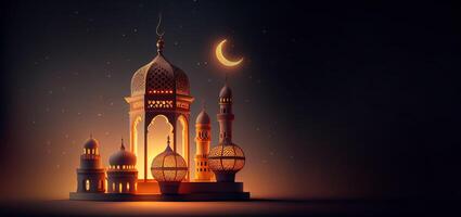 generativ ai Illustration von islamisch Urlaub. Ramadan Nacht. Moschee und Laterne angezeigt auf Stufen mit glühend Licht im das Abend. Hintergrund und Banner Hintergrund. foto