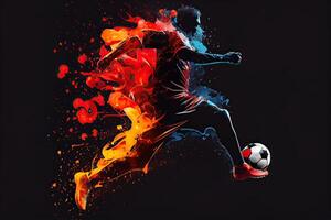 generativ ai Illustration von das Wesen von ein Fußball Spieler im Bewegung wie Sie trete ein Ball mit heftig Energie, umgeben durch beschwingt Farben und spritzt foto