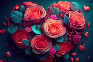 Valentinsgrüße Tag Hintergrund, Liebe Herz gestalten machen durch Rose, Kirsche Blüte, Gänseblümchen Blumen... . neural Netzwerk generiert Kunst. digital generiert Bild. nicht basierend auf irgendein tatsächlich Szene oder Muster. foto