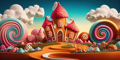 generativ ai Illustration von ein Süss und magisch Welt mit Süßigkeiten Land Landschaft und Lebkuchen Fantasie Haus foto