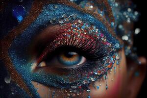 generativ ai Illustration von schön weiblich Augen mit Karneval Glas prickelnd Lidschatten. schließen Fokus. foto