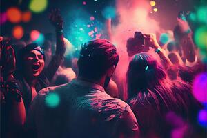 generativ ai Illustration von Neu Jahre Vorabend Party Hintergrund, Pop Farbe, Gruppe von Menschen Tanzen und froh, Countdown, neural Netzwerk generiert Kunst. digital malen, generiert Bild. foto