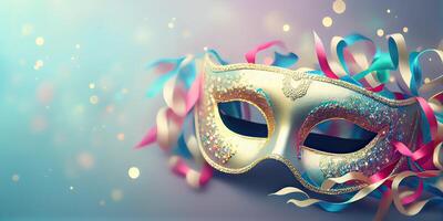 generativ ai Illustration von das beschwingt Energie und Aufregung von Brasilianer Karneval, venezianisch Karneval Maske und Konfetti mit abstrakt defokussiert Bokeh Beleuchtung und glänzend Luftschlangen foto