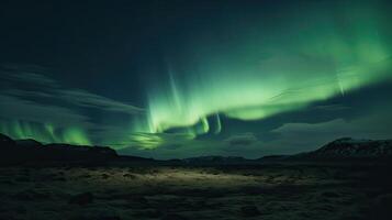 Nord Beleuchtung über Wasser Rand. Nord Beleuchtung auf das Nacht Himmel. generativ ai foto