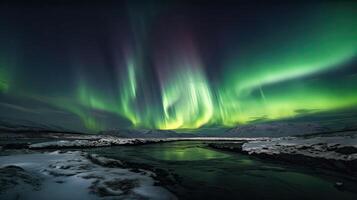 Nord Beleuchtung über Wasser Rand. Nord Beleuchtung auf das Nacht Himmel. generativ ai foto