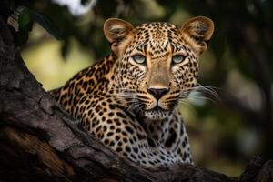 schließen oben jung Leopard Porträt. schließen oben schön wütend groß Leopard im Wald. generativ ai foto