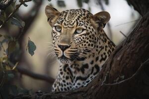 schließen oben jung Leopard Porträt. schließen oben schön wütend groß Leopard im Wald. generativ ai foto