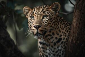 schließen oben jung Leopard Porträt. schließen oben schön wütend groß Leopard im Wald. generativ ai foto