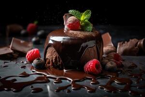 traditionell hausgemacht Schokolade Kuchen Süss Gebäck Dessert mit braun Glasur, Kirschen, Himbeere, Johannisbeere auf Jahrgang hölzern Hintergrund. dunkel Essen Foto, rustikal Stil, natürlich Licht. generativ ai. foto