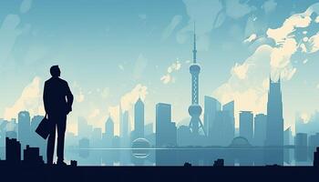 Geschäftsmann Stehen suchen Shanghai Stadt Sicht, eben Illustration Hintergrund. generativ ai. foto